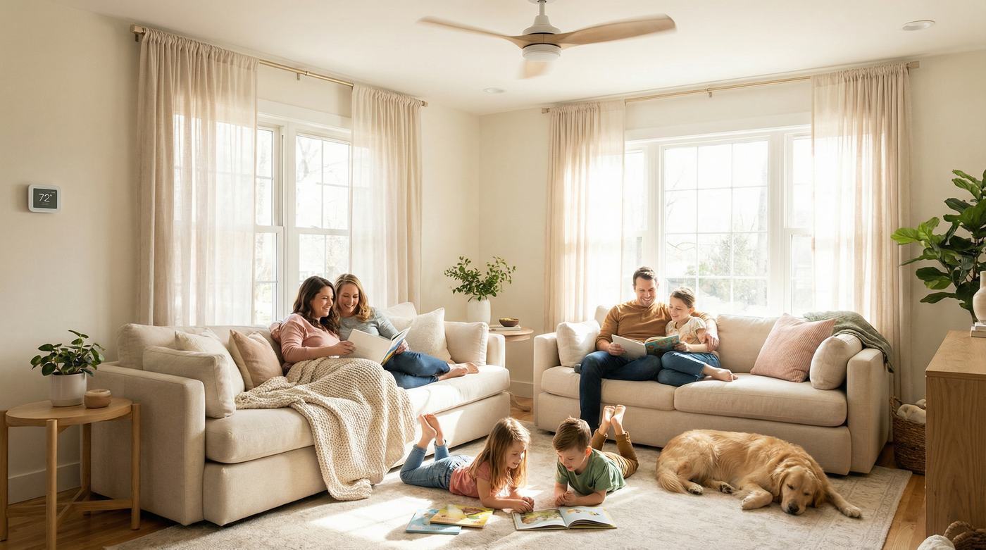 Family enjoying comfortable indoor air after HVAC service