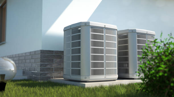 Air heat pumps beside house alternative energy concept 