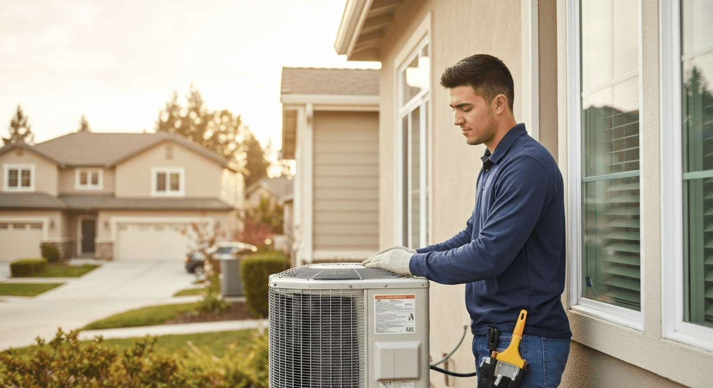 HVAC technician servicing AC unit